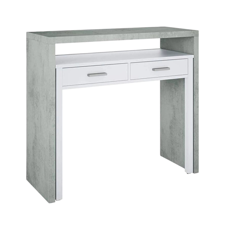 Consolle Andriy, Scrivania con piano estensibile, Scrittoio porta PC con 2 cassetti, cm 99x36h88, Cemento e Bianco