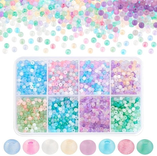 Set di perle in vetro 3mm - Matte - 2104 pezzi - Set di perle per gioielli - Gioielli fai da te - Colori per dolci - Perle per gioielli in vetro - Set di perle matte 3mm 2104 pezzi