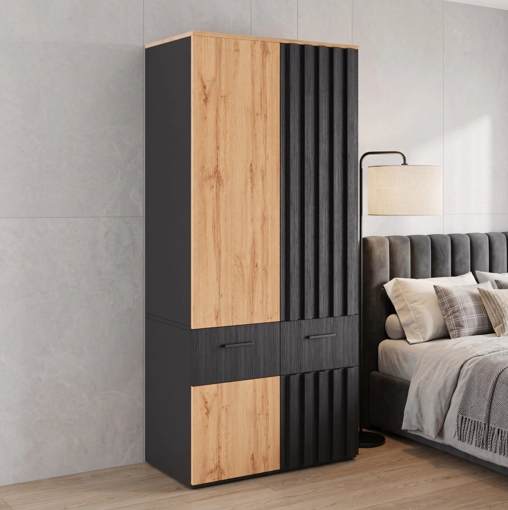 ARMADIO a ante battenti 90x50x200 cm Nero e Naturale con 2 cassetti