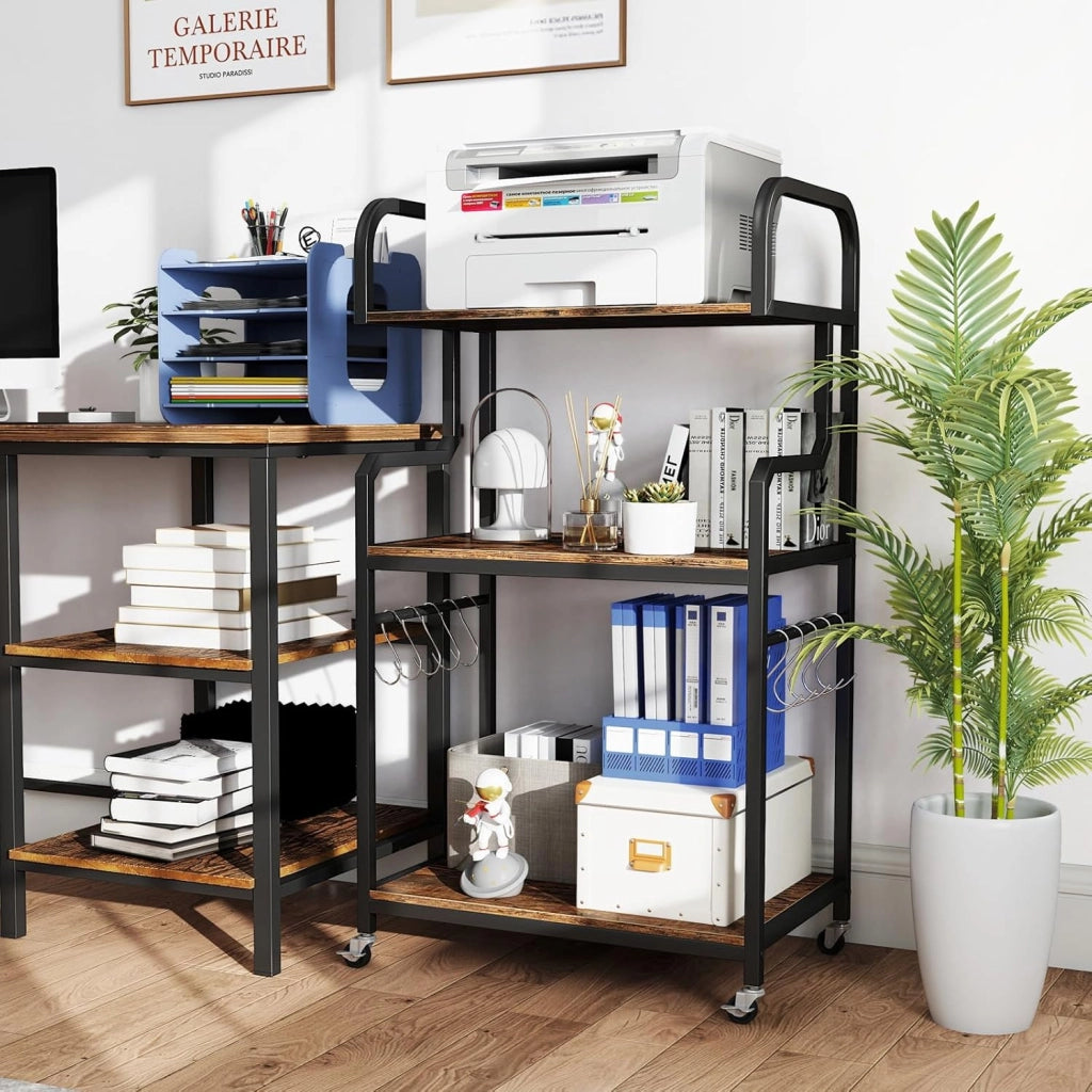 Supporto Porta Stampante con Ruote, Carrello Portaoggetti a 3 Ripiani in Legno, Scaffale Multiuso con 10 Ganci, per Cucina Ufficio, 60,5 x 40 x 110 cm (Marrone)