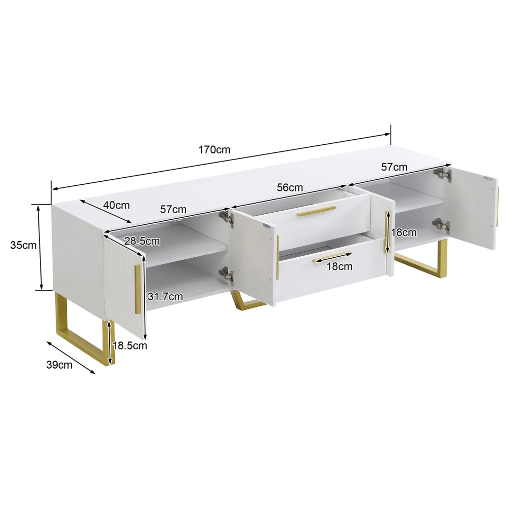 Mobile TV bianco lucido 170x40x53,5 cm in MDF con ante, cassetti e dettagli oro