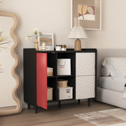 Credenza con 2 cassetti e vano aperto in MDF nero e rosso per soggiorno e sala da pranzo 40 × 90 × 80 cm