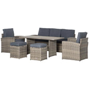 SET DA GIARDINO IN RATTAN PE CON DIVANO 3 POSTI 2 POLTRONE 2 SGABELLI E TAVOLO