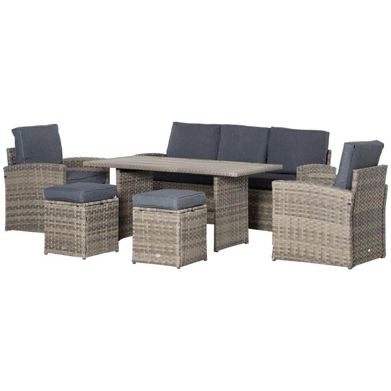 SET DA GIARDINO IN RATTAN PE CON DIVANO 3 POSTI 2 POLTRONE 2 SGABELLI E TAVOLO