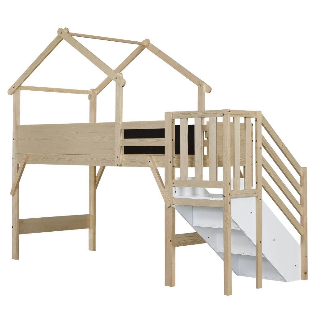 DESMIU Letto a castello 1 posto con barriera, lavagna e 3 vani nella scala, 90 × 200 cm, senza materasso