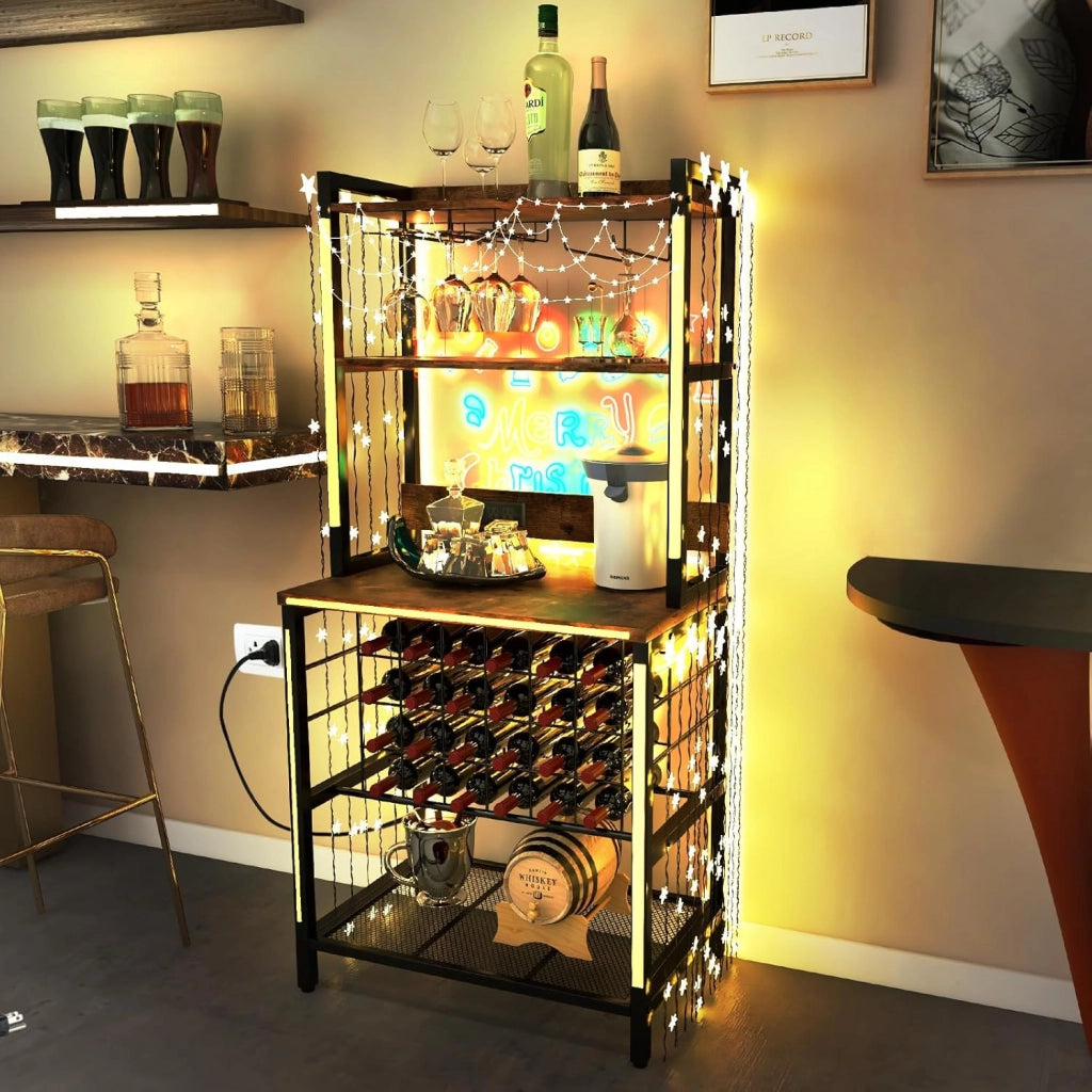Mobile Bar Vino, Portabottiglie Industriale con 4 Ripiani, Porta Calici, Porte USB e Prese, con Struttura in Metallo Robusto, 75,5 x 48 x 163 cm