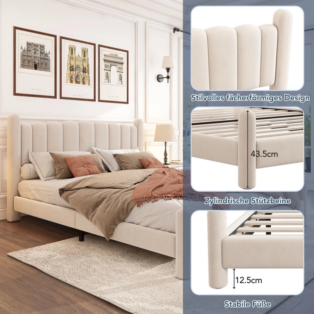 Letto imbottito 180x200 cm in velluto beige con testiera ondulata e rete a doghe