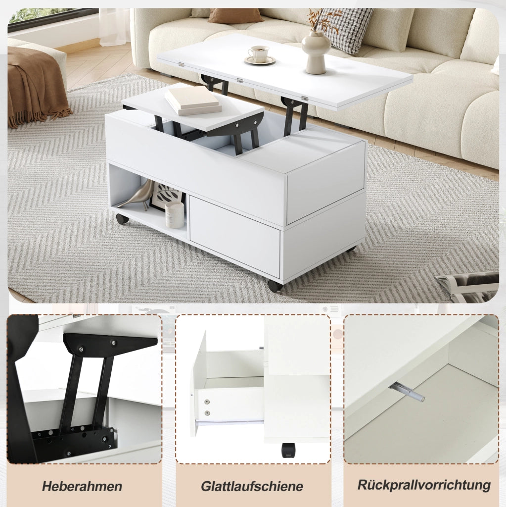 Tavolino da salotto sollevabile e multifunzione 100x50x52 cm; bianco in truciolare