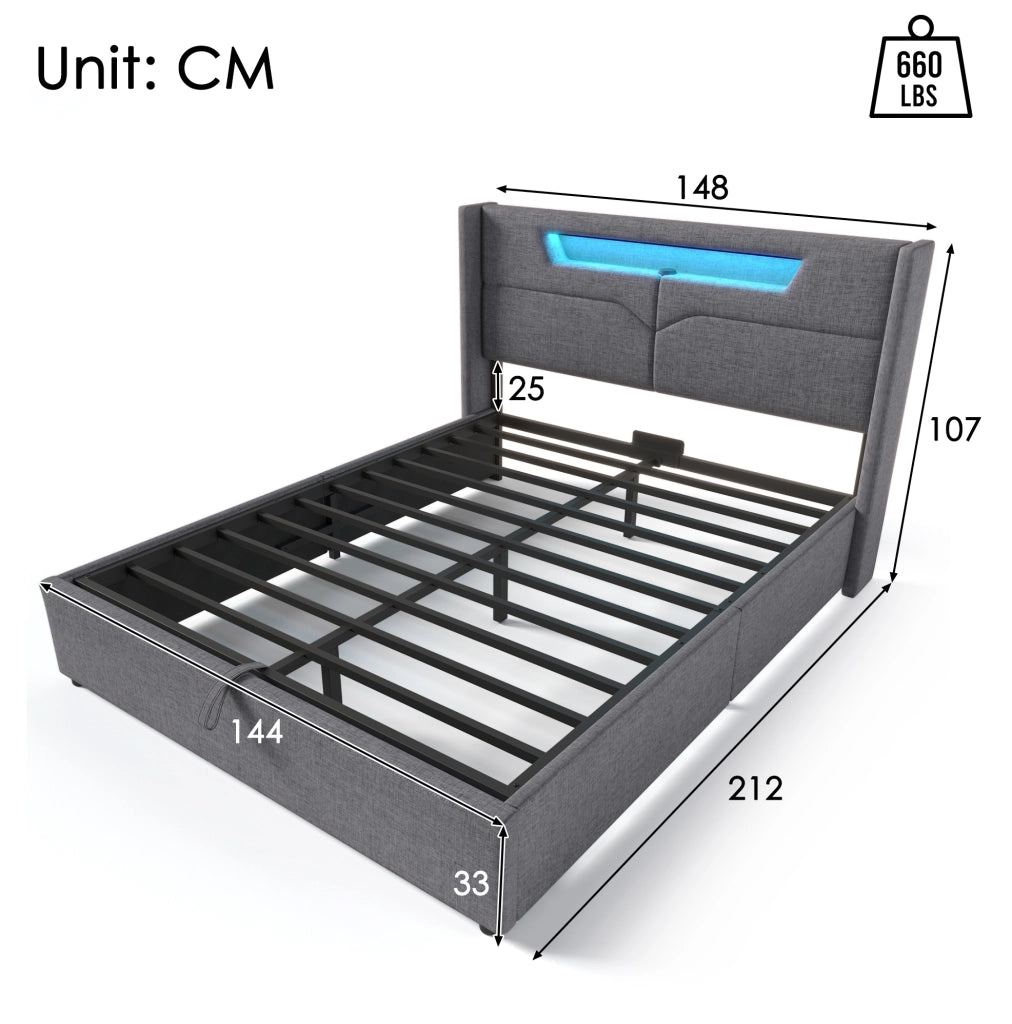 Letto imbottito 140x200 grigio con LED, USB-C e vano contenitore