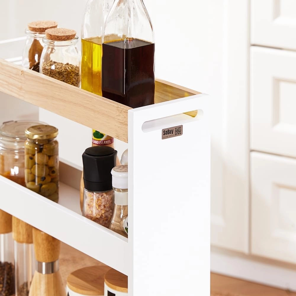 Carrello Cucina Salvaspazio con Ruote 15cm Larghezza – Mobiletto Cucina Stretto con 3 Ripiani, Scaffale Cucina e Portaoggetti per Bagno o Ufficio, Bianco ed Effetto Legno 80x15x50cm NSR12-W