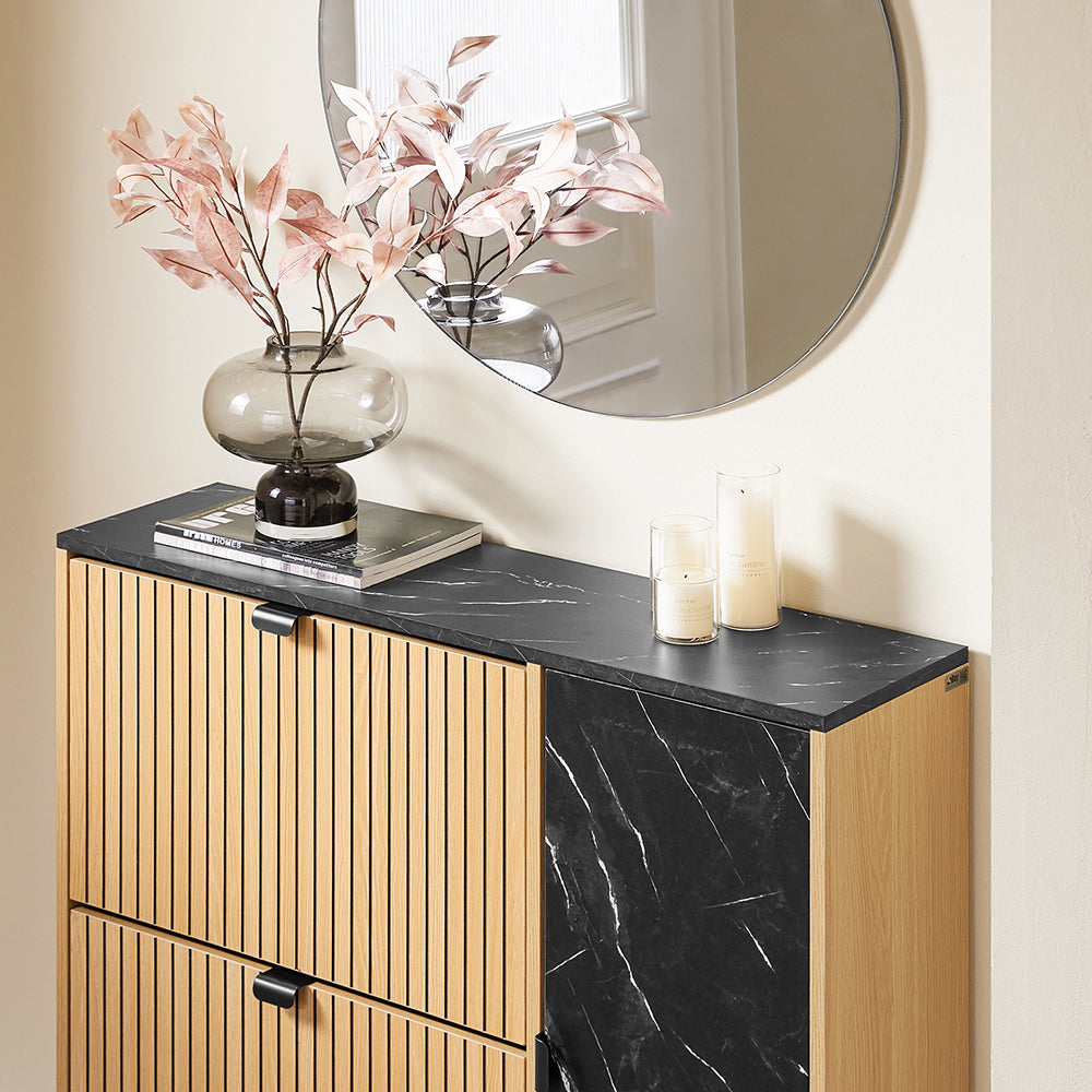 SoBuy Scarpiera Salvaspazio Slim con 2 Ante a Ribalta - Mobile Ingresso per 8 Paia di Scarpe, Scarpiera Ingresso - Design Moderno Nero Marmo e Legno Chiaro, Fissaggio Antiribaltamento - FSR203-N