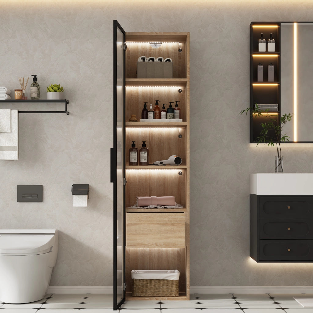 Armadietto da bagno compatto con vani aperti e anta in vetro temperato, per bagno e soggiorno, in MDF, naturale