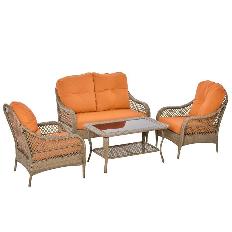 SET IN RATTAN PE CON 2 POLTRONE DIVANO E TAVOLINO E CUSCINI ARANCIONE