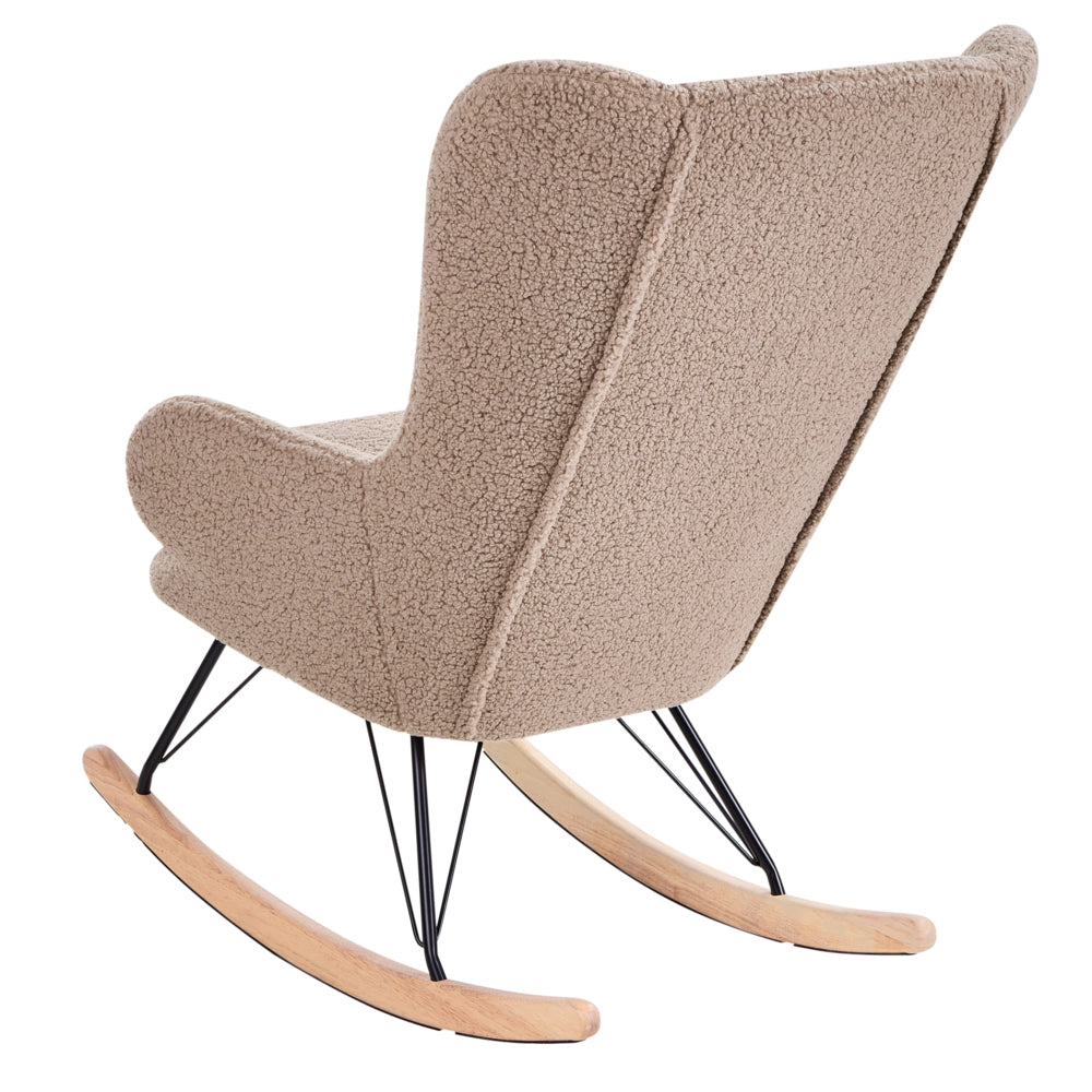 Sedia a dondolo Rivestimento in bouclé beige sporco Gambe nere in metallo con braccioli Schienale alto Soggiorno
