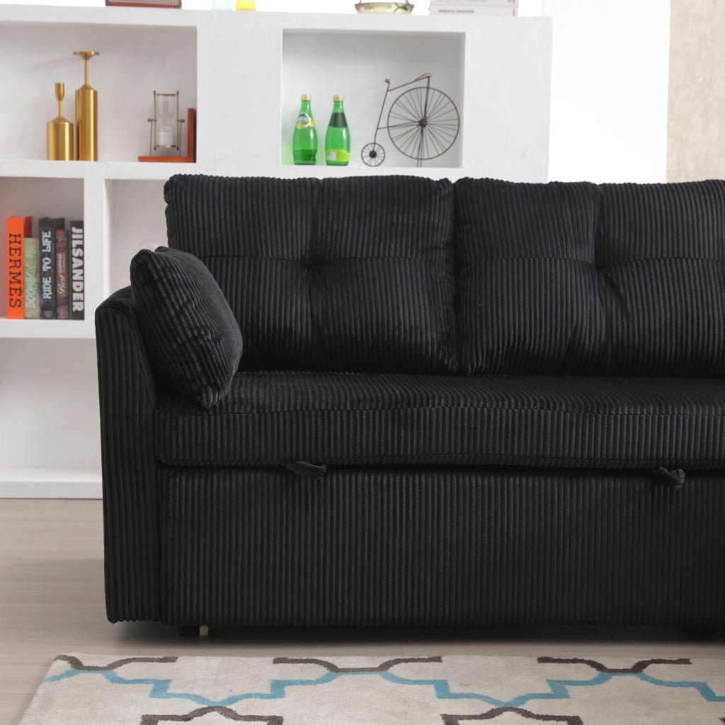 Divano letto modulare con contenitore sedute con tasche laterali e cuscini in tessuto a coste nero 206 × 108 × 66 cm