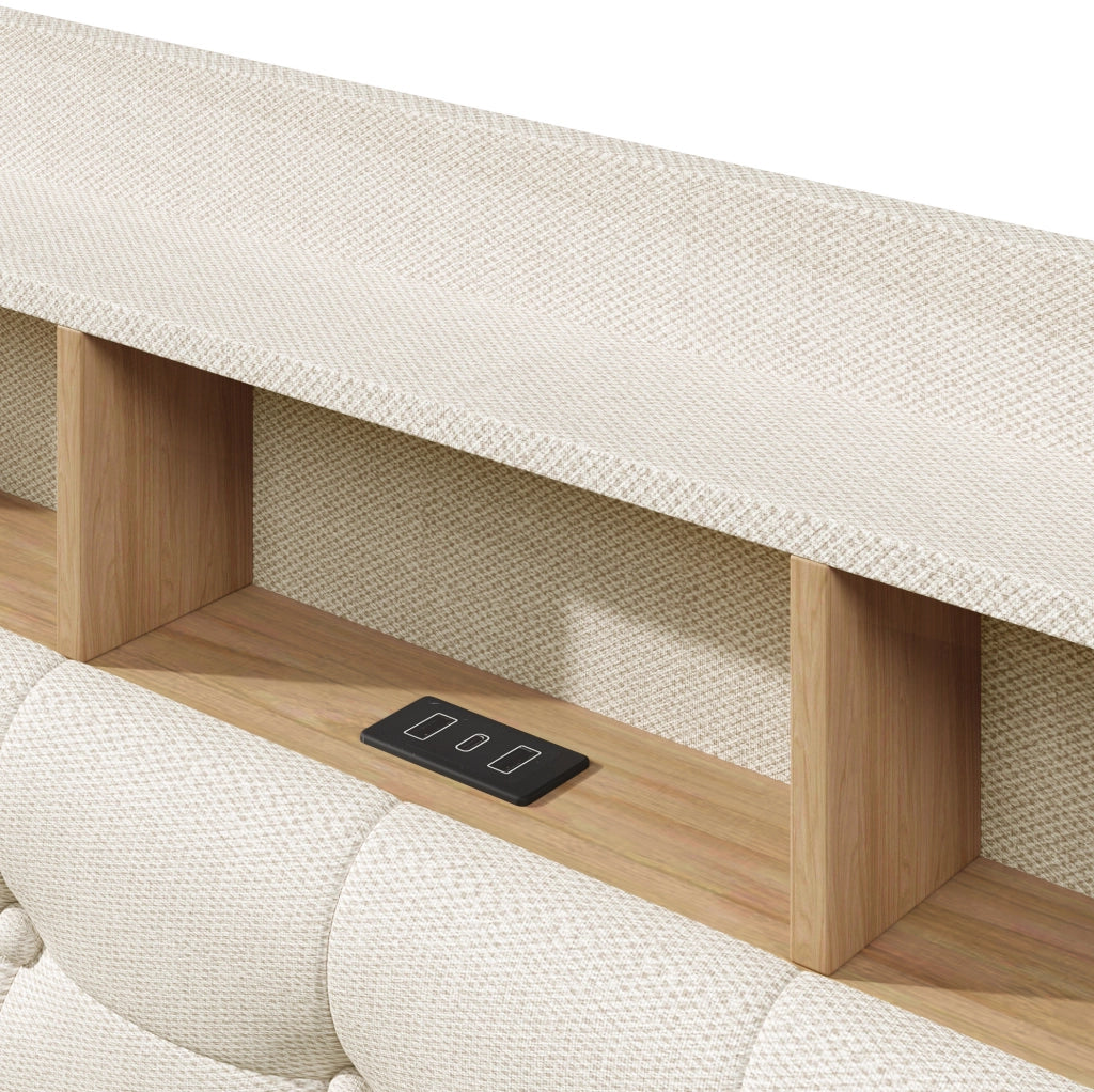 Letto imbottito 140 x 200 cm con LED, contenitore idraulico, USB e Tipo C, beige