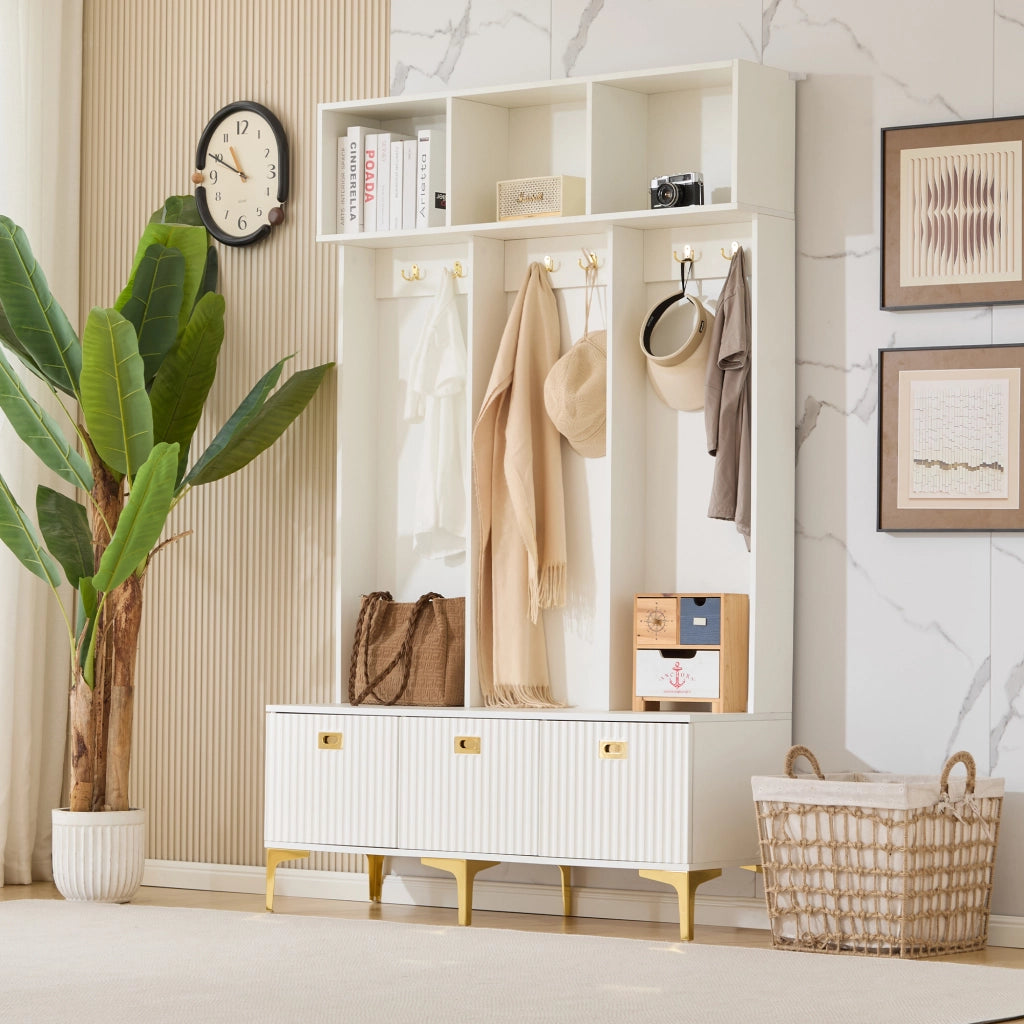 Mobile da ingresso con panca, 6 ganci e vani aperti, ante scanalate, per ingresso, bianco, 120 × 40 × 191 cm