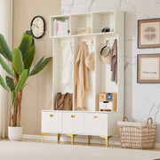 Mobile da ingresso con panca, 6 ganci e vani aperti, ante scanalate, per ingresso, bianco, 120 × 40 × 191 cm