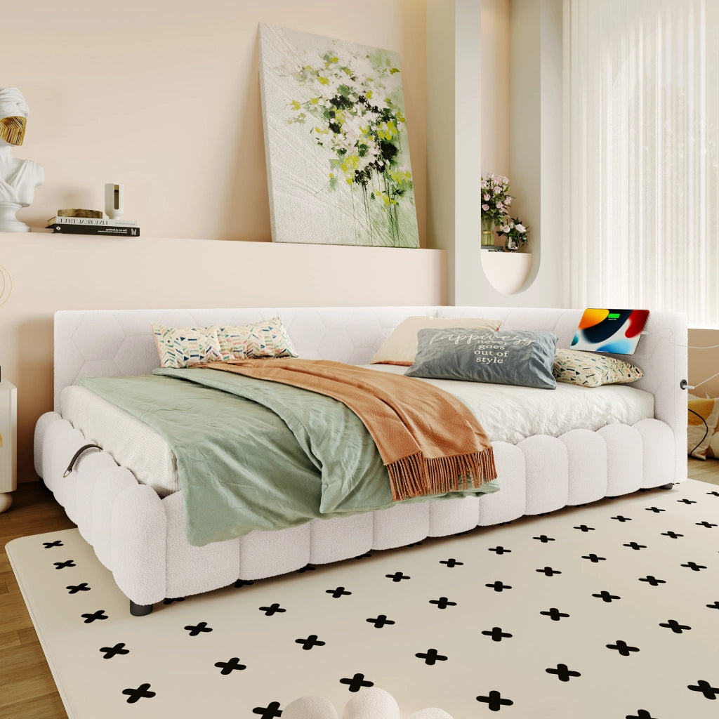 Letto a una piazza e mezza 140x200 cm con rete a doghe, contenitore idraulico, LED, USB e Type-C, bianco
