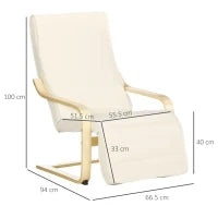 Poltrona Relax con Poggiapiedi a 5 Livelli e Poggiatesta, Legno di Betulla e Tessuto, 66,5x94x100 cm, Crema