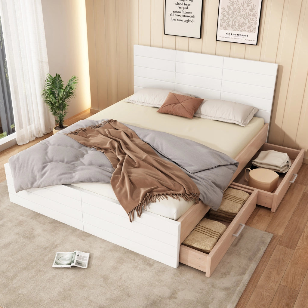 OKWISH Letto con Cassetti 140×200 cm, Letto Matrimoniale con 2 Cassetti e Ampio Spazio Contenitore, senza Materasso, in Legno Massello e MDF, Bianco e Rovere