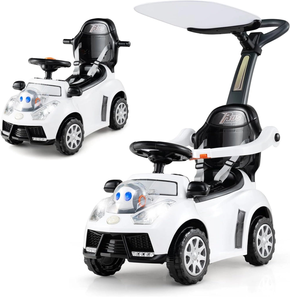 3 in 1 Auto a Spinta, Macchinina da Passeggio con Clacson, Musica, Luci, Cintura di Sicurezza, Tettuccio e Manico, Macchina Cavalcabile per Bambini 1+ Anni (Bianco)