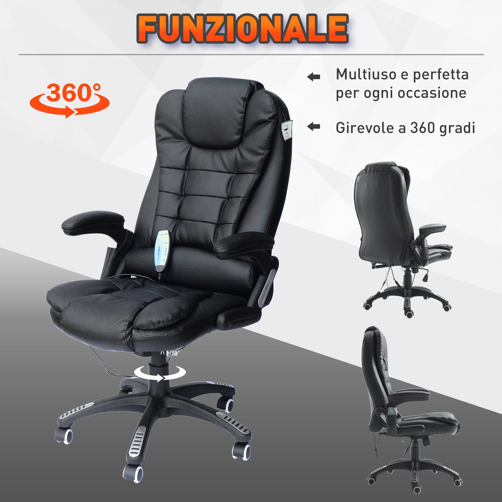 Sedia Poltrona Massaggiante da Ufficio 62x68x121 cm con Riscaldamento in Similpelle Nero