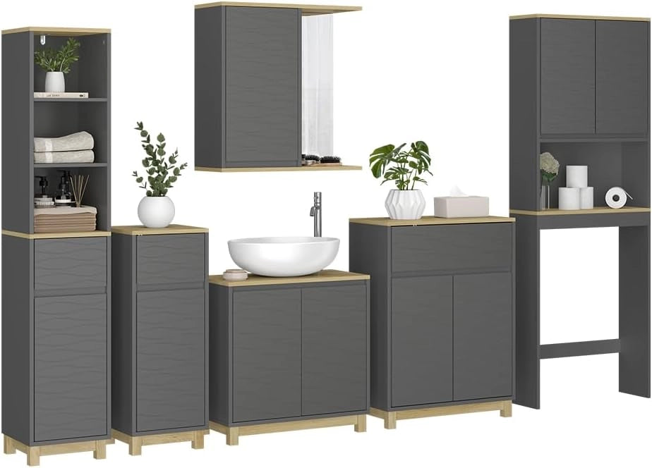Set di mobili da bagno Livia, Antracite/quercia, 6 parti