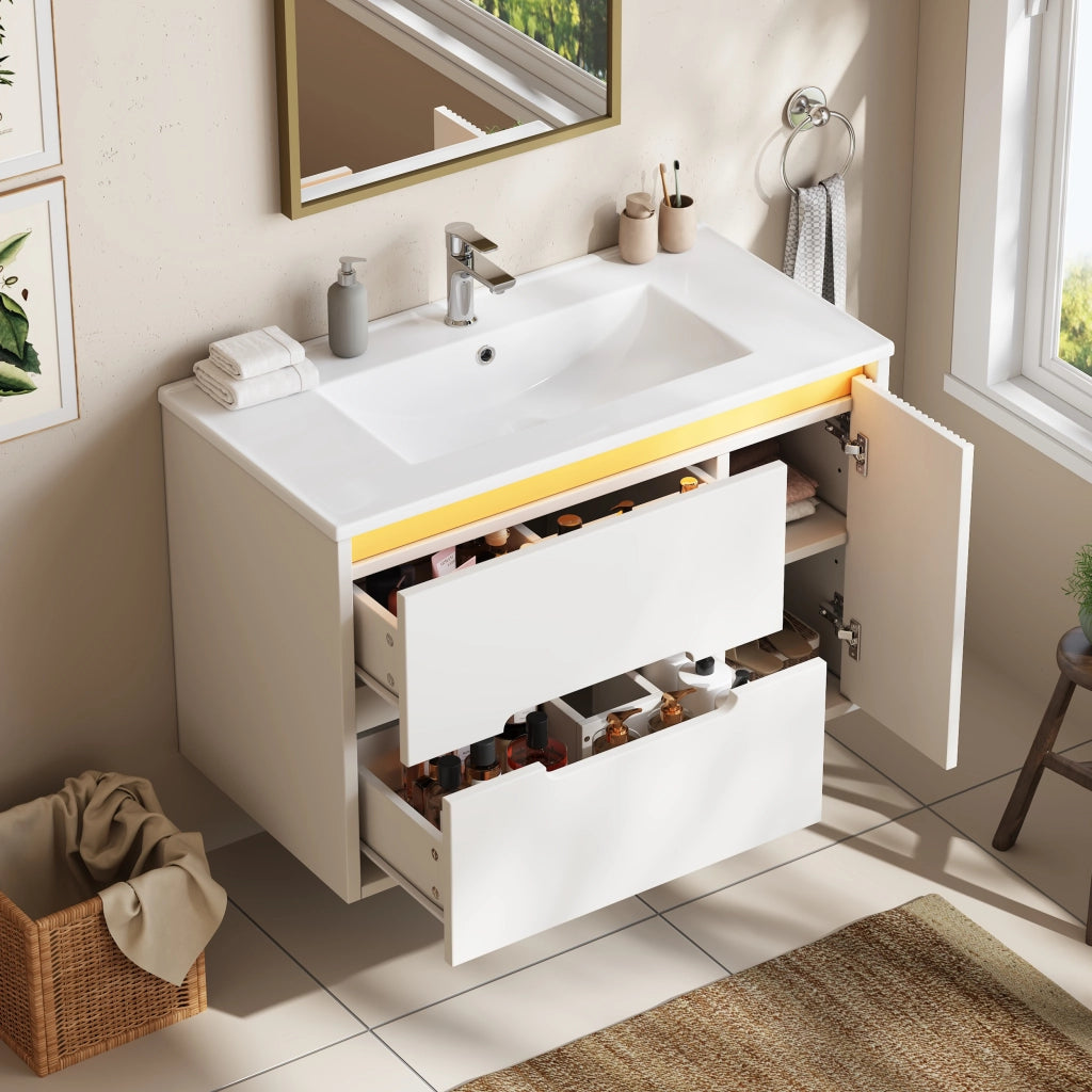 Mobile bagno sospeso 81 cm bianco con lavabo in ceramica e cassetti