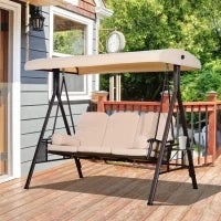 Dondolo 3 Posti con Tetto Regolabile, Portabicchieri e Cuscini, in Metallo e Poliestere, 208x121x172 cm, Beige