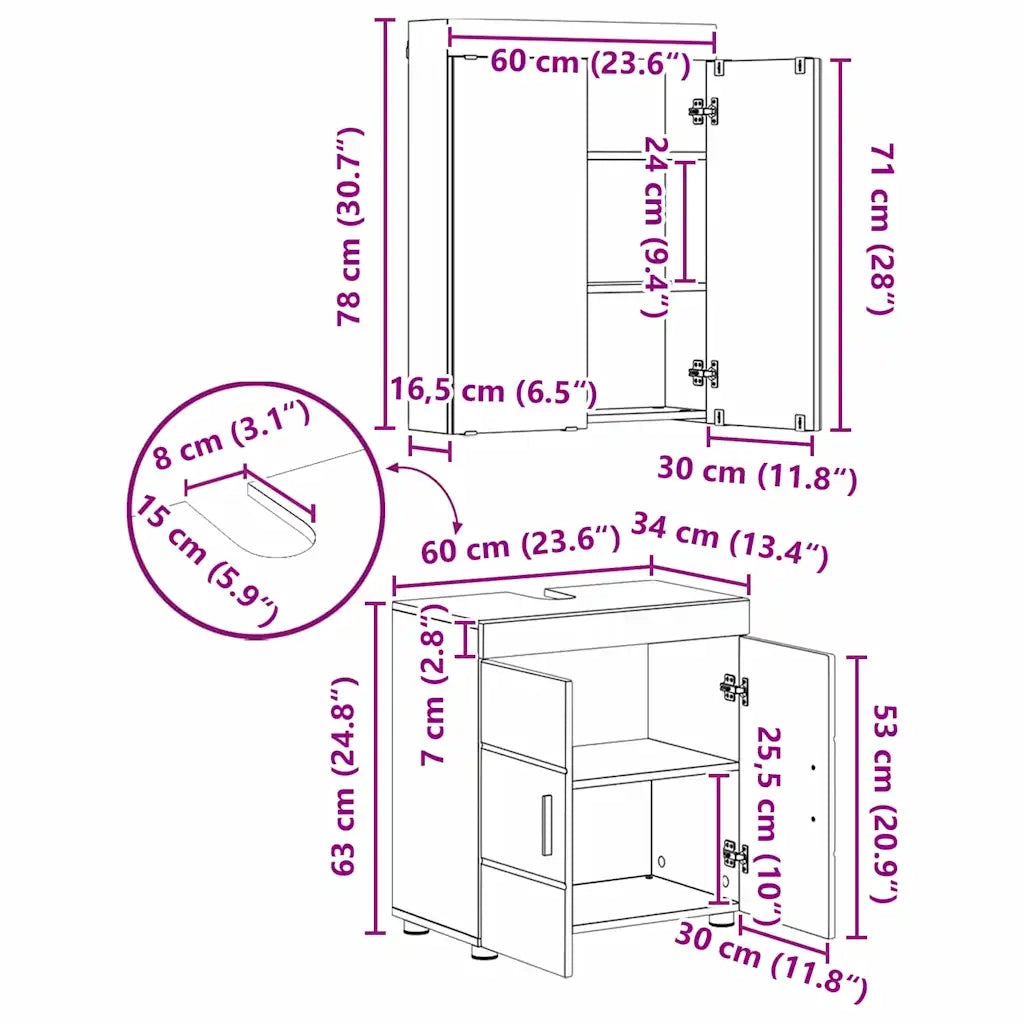 Set di mobili per il bagno TULUM 3 pz Bianco Lucido 3398038
