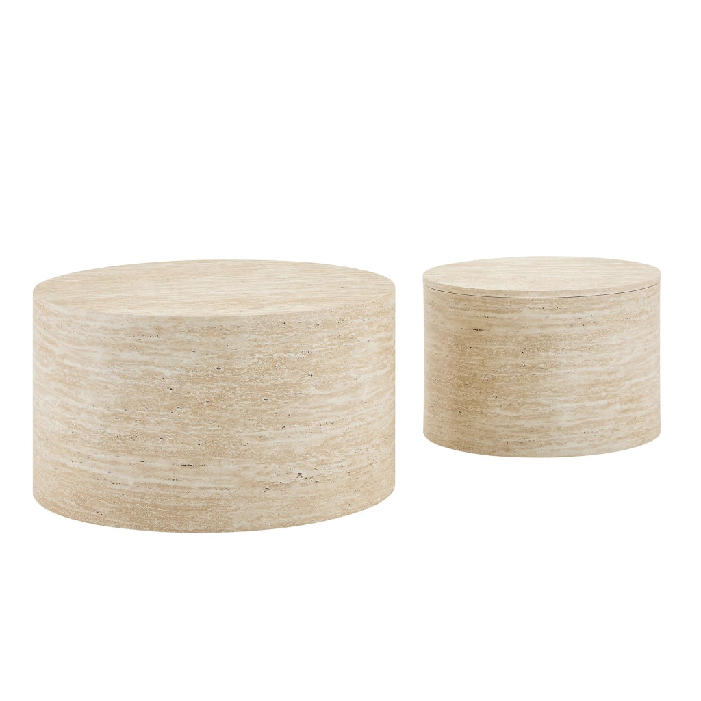 Set di 2 tavolini rotondi impilabili con spazio contenitore, effetto legno, MDF, per salotto