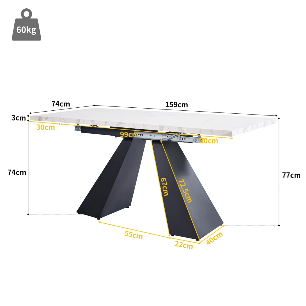 Tavolo da pranzo allungabile 99-159x74x77 cm con piano in MDF effetto marmo; bianco e nero