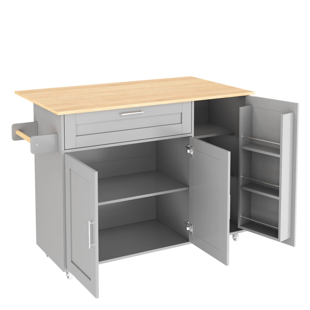 Isola da Cucina Mobile 132,5x44/70x90 cm Grigia con Piano Effetto Rovere, Cassetto e 5 Ruote