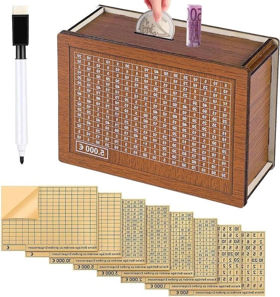 Tassa di risparmio in legno - Cassa di risparmio in legno per bambini e adulti - Aiuta a risparmiare (500€-10000€)