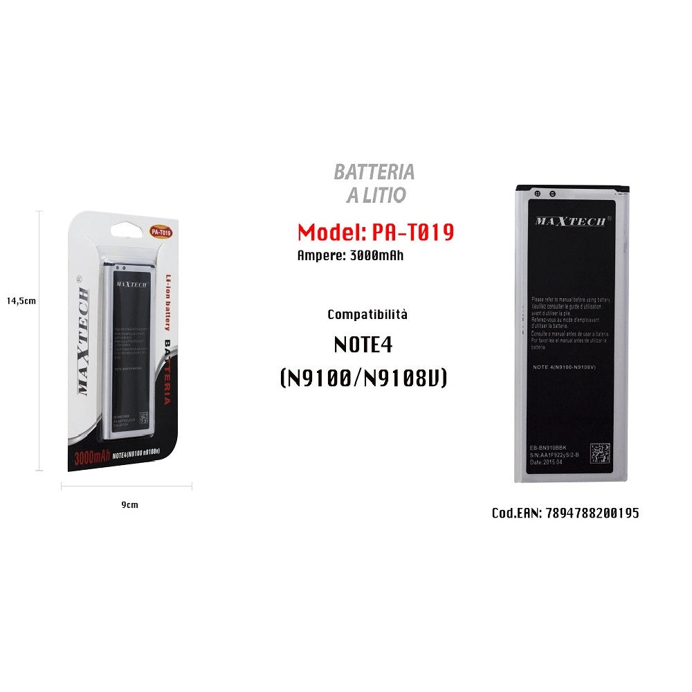 Trade Shop - Batteria A Litio Compatibile Per Samsung Galaxy Note 4 3000mah Maxtech Pa-t019 -
