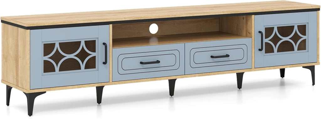 Mobile TV per TV fino a 80", supporto TV con scomparti aperti, armadi laterali e cassetti, 180,5 x 35 x 46 cm, porte con piano in PVC, per soggiorno, camera da letto (rovere+grigio)