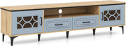 Mobile TV per TV fino a 80", supporto TV con scomparti aperti, armadi laterali e cassetti, 180,5 x 35 x 46 cm, porte con piano in PVC, per soggiorno, camera da letto (rovere+grigio)