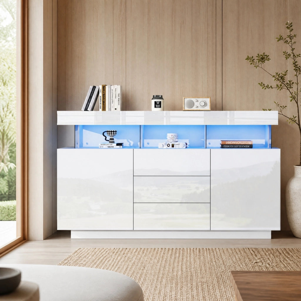 Sideboard moderno 140 x 35 x 80 cm bianco lucido con LED, 3 cassetti e 2 ante