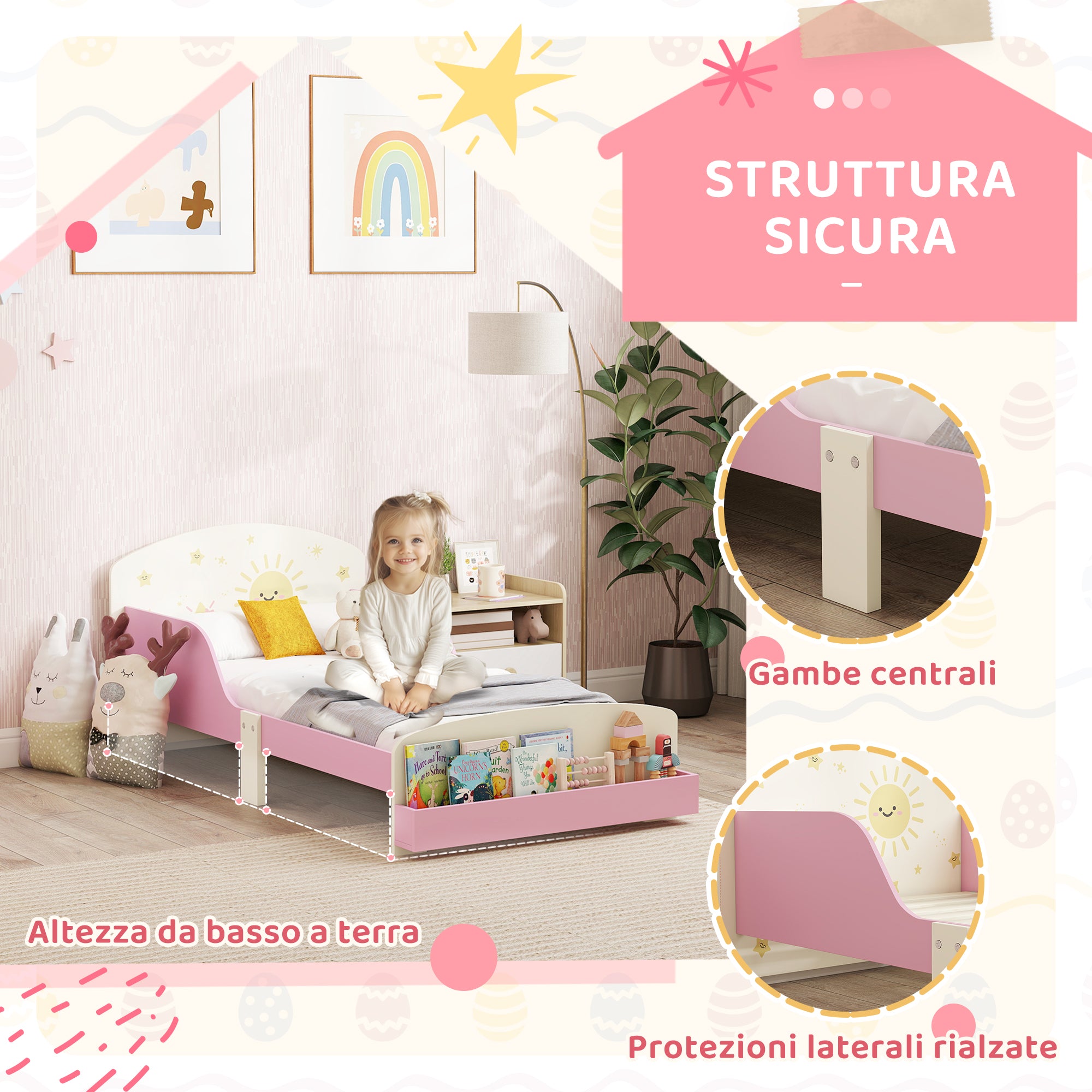 Letto Basso per Bambini 3-8 Anni 150x77x60 cm con Spazio Contenitore e Sponde Laterali in MDF Rosa