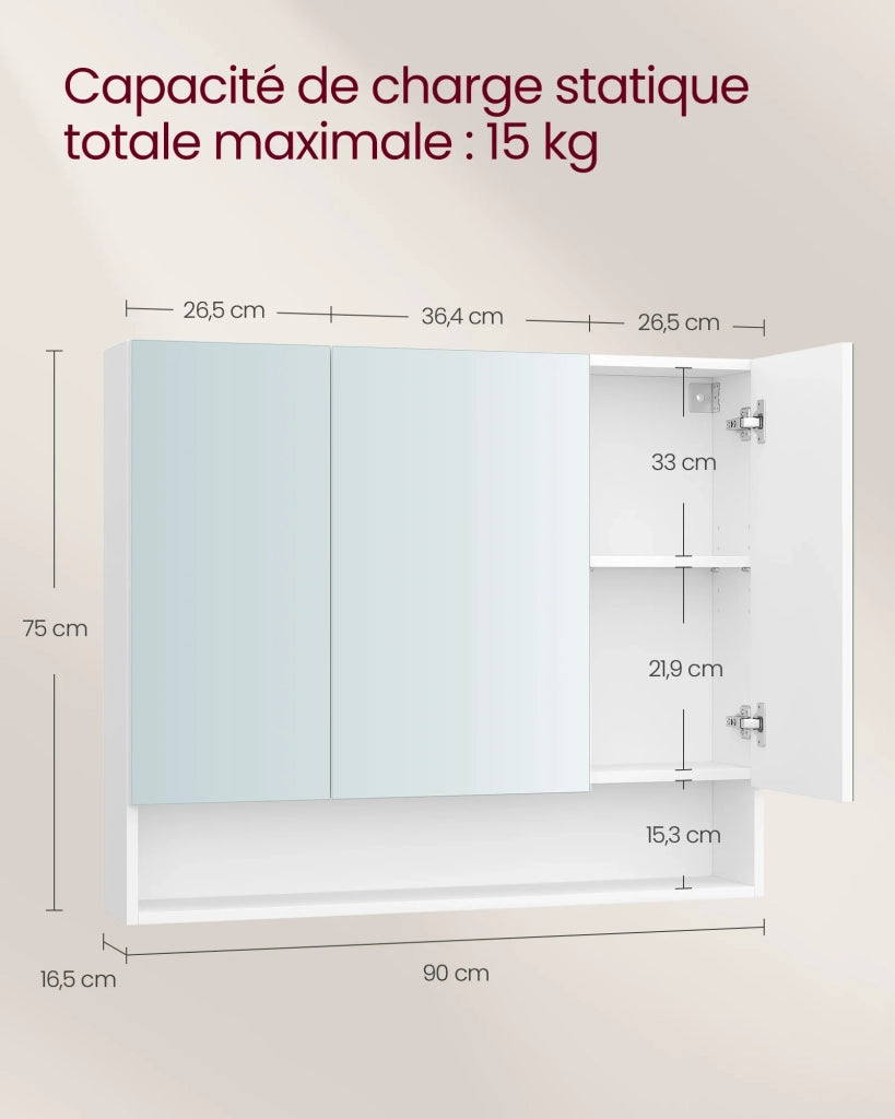 Mobiletto da bagno con ante a specchio mobile contenitore mobiletto a specchio da parete vano aperto ripiani regolabili 165 x 70 x 75 cm bianco 12_0004015
