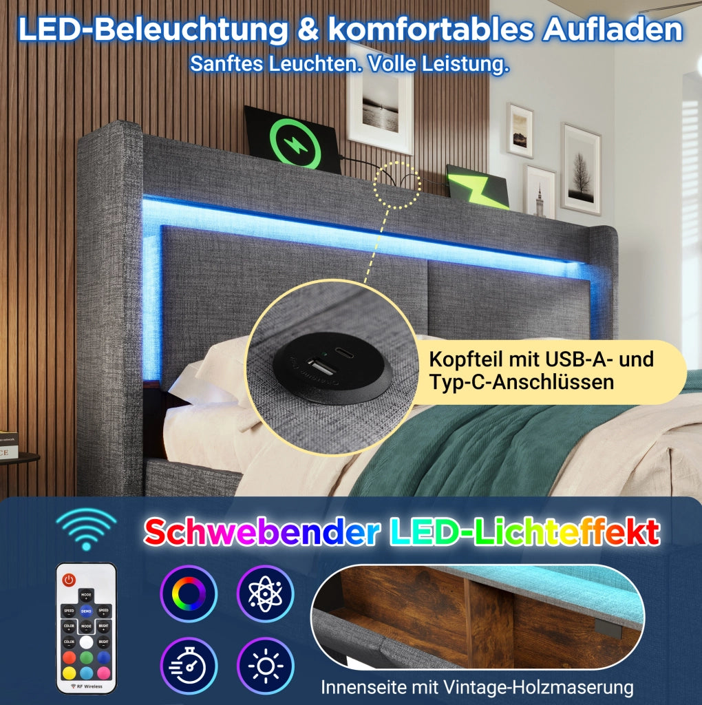 Letto imbottito 180x200 cm con LED, USB e vano contenitore