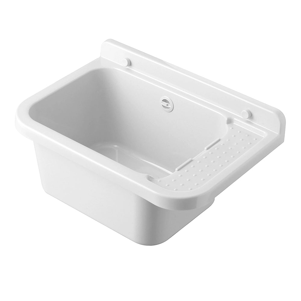 Lavatoio in resina 50x34 bianco con miscelatore a canna alta inox e scarico incluso