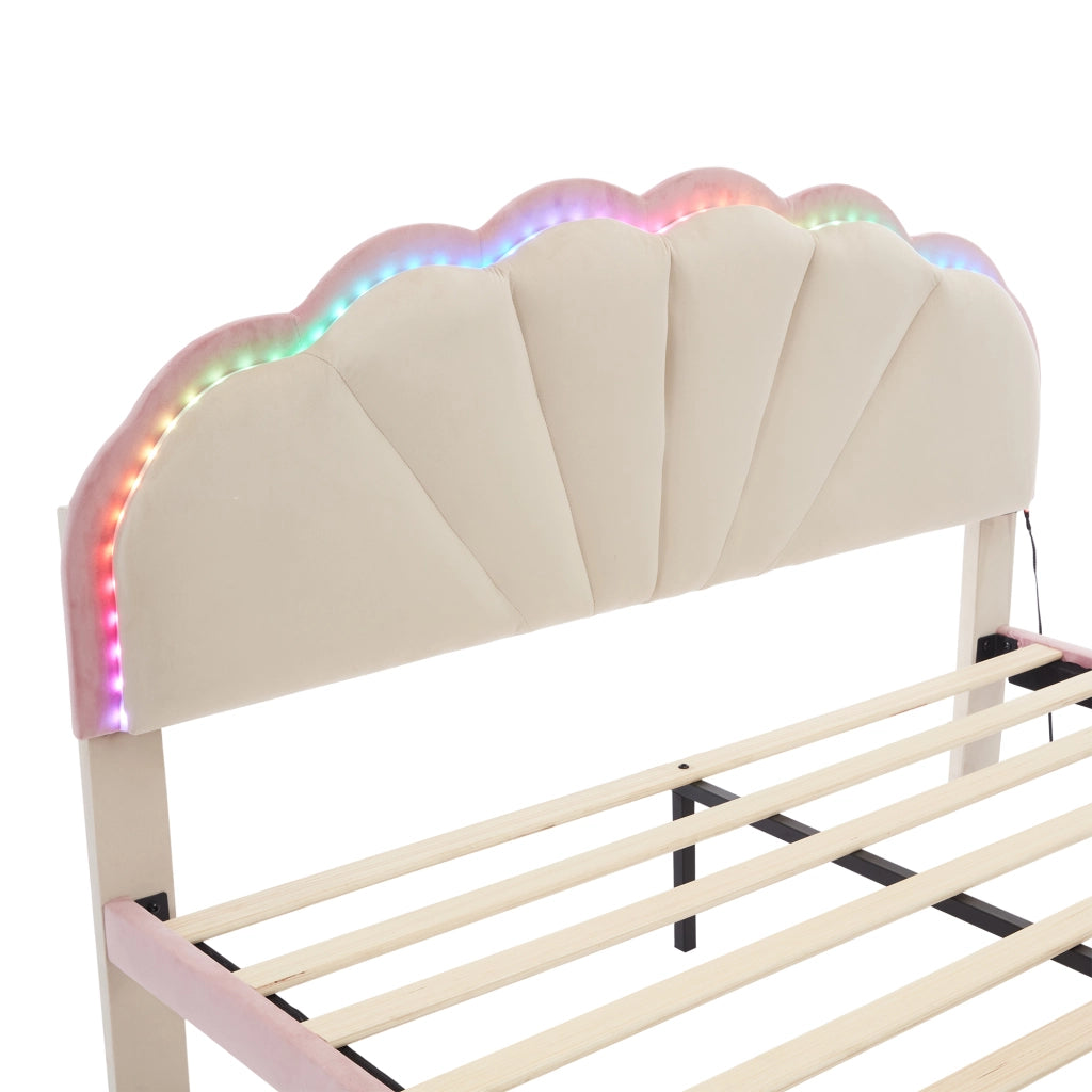 OKWISH Letto Imbottito 140×200 cm, Letto Matrimoniale con Striscia Luminosa Multicolore e Testiera Ondulata, senza Materasso, in Velluto, Beige