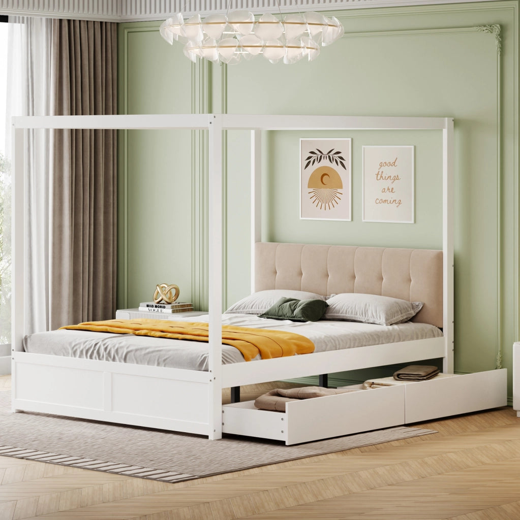 Letto a tenda 140x200 cm; con cassetti e testiera imbottita; legno bianco