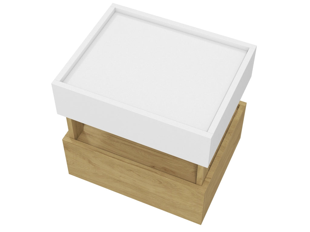 Comodino con 2 cassetti, ricarica wireless e LED, finitura bianco e legno naturale 50x40x50 cm