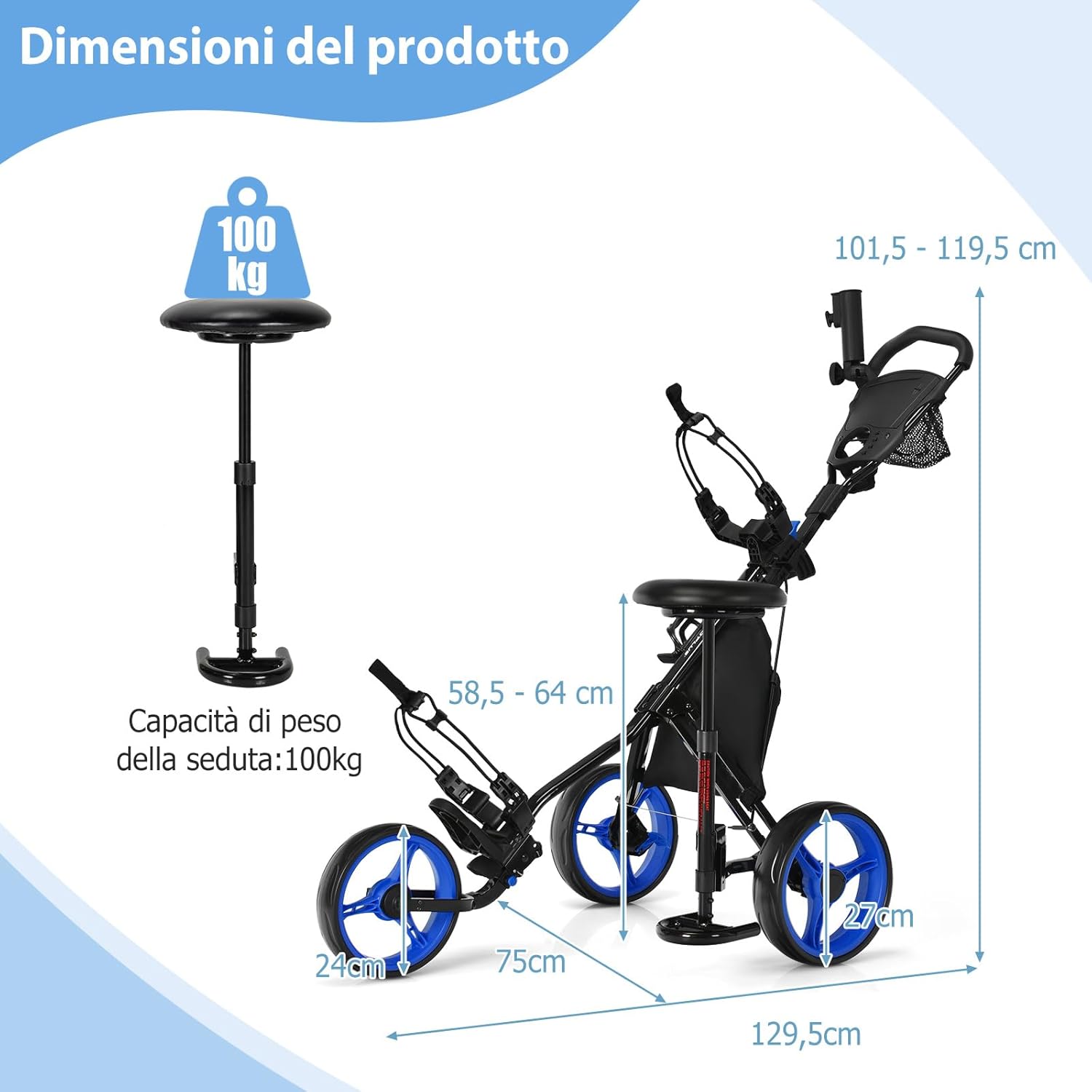 Carrello da Golf Pieghevole con 3 Ruote, Trolley da Golf Altezza Regolabile di Alluminio con Sedile, Porta Ombrello e Porta Bevande
