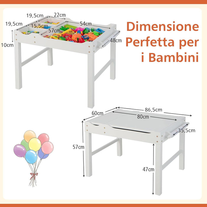 Tavolo da Gioco per Bambini in Legno con Piano Reversibile, Tavolo Multiattività Bambini 2 in 1, Porta Rotolo di Carta da Disegno, per Camera da Letto, Soggiorno (Bianco)