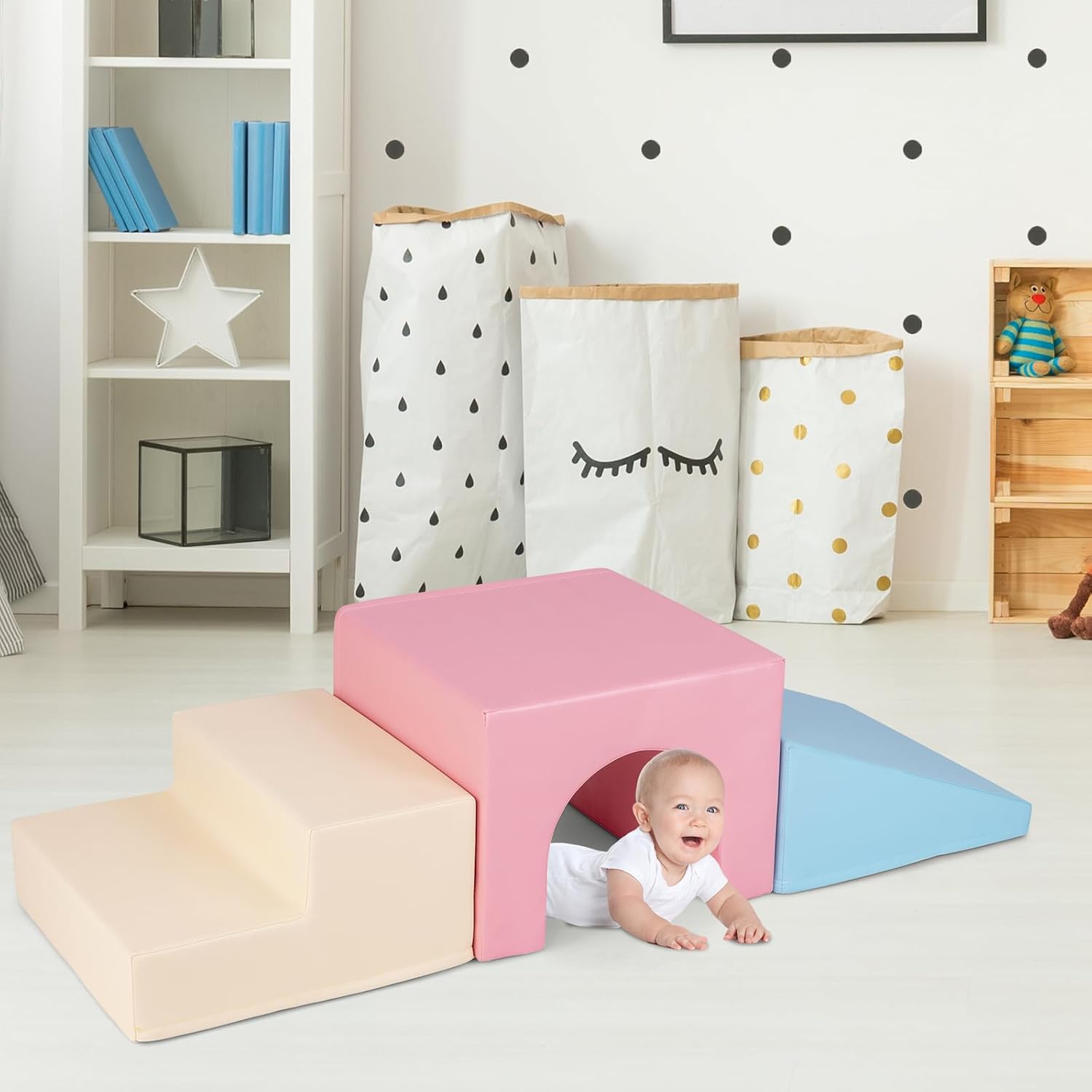 Set di 4 Blocchi in Schiuma per Arrampicarsi e Gattonare per Bambini, Set di Giocattoli Morbidi da Interno con Diverse Forme e Colori per lo Sviluppo dei Bambini (Rosa)