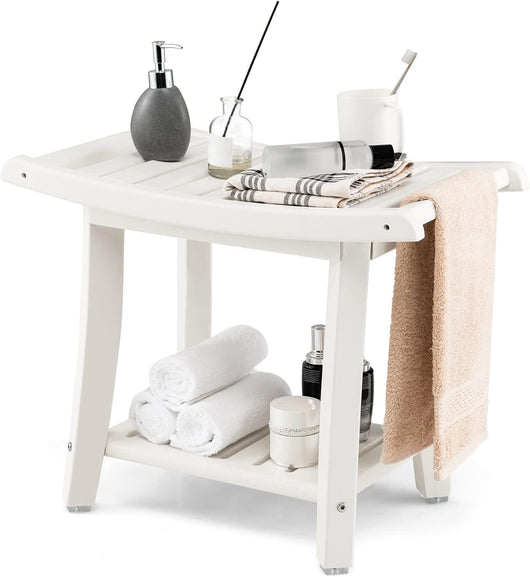 Panca da Doccia, Sgabello da Bagno Impermeabile con Sedile Curvo, con Portasciugamani e Piedini Antiscivoli, Panca Versatile con Ripiano, 60,5 x 34 x 48 cm